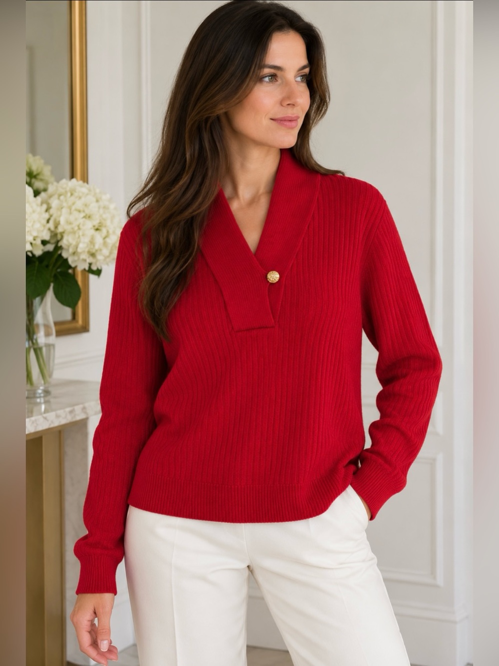 Lauren Ralph Lauren Red Ribbed Cotton Shawl Collar Gold Crest Button Sweater L